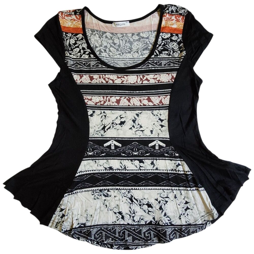 PERSAYA Black White Orange Brown Mixed Print Short Sleeve Top L